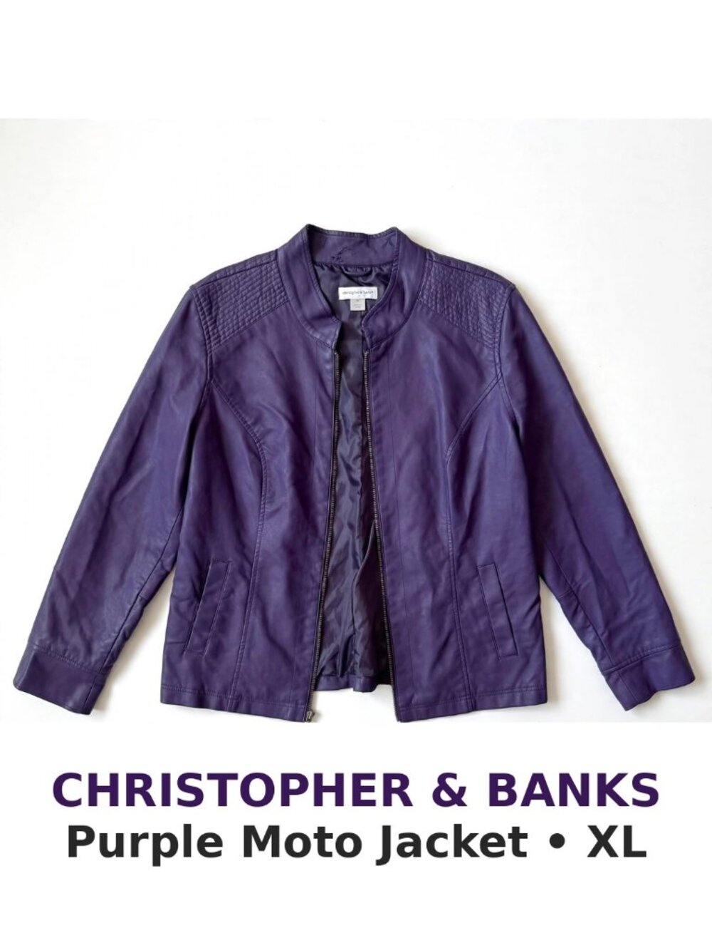 Christopher & Banks Purple Faux Leather Moto Jacket XL Quilted Shoulder